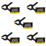 Kit com 5 grampos multiuso 2 polegadas 50mm reforçados Tradestar para marceneiro. Grampos de nylon preto com detalhes em amarelo, ideais para fixação temporária em marcenaria e trabalhos de montagem. Ferramenta versátil e resistente.
