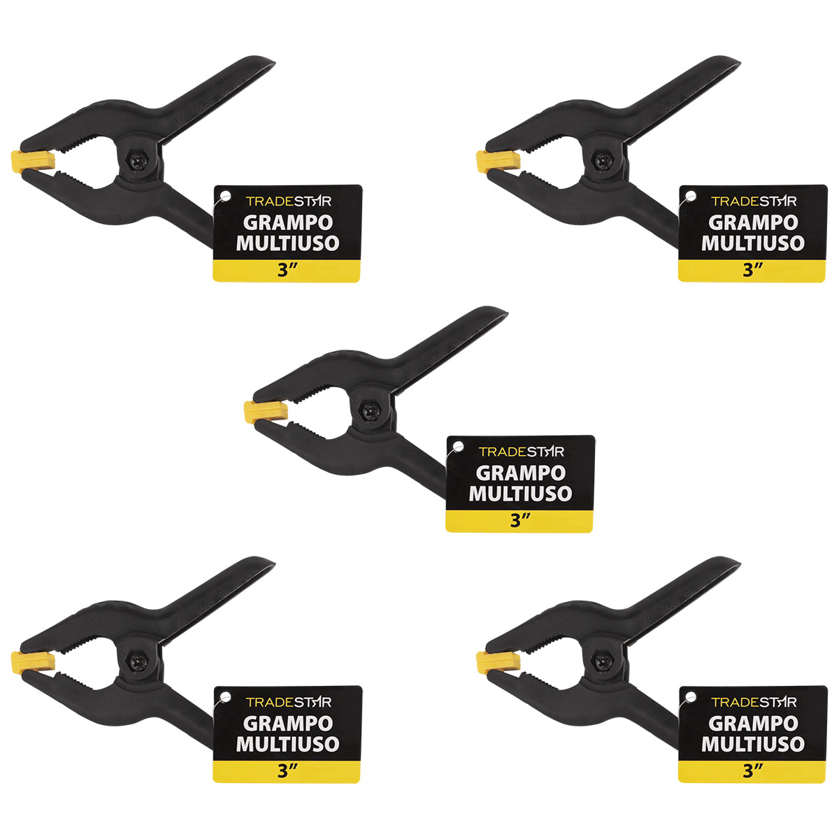Kit com 5 grampos multiuso 3 polegadas (75mm) Tradestar para marceneiro, feitos de nylon reforçado com mola de alta pressão. Ideal para fixação em colagem, montagem e pintura. Ferramenta essencial para trabalhos de marcenaria e carpintaria.