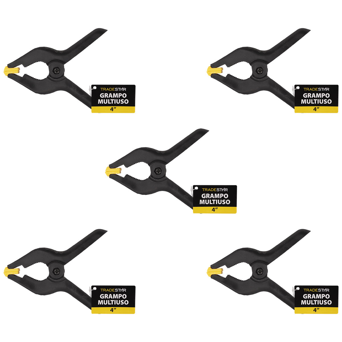 Kit com 5 grampos multiuso 4 polegadas 100mm reforçados para marcenaria Tradestar. Grampos de nylon preto com detalhes em amarelo, ideais para fixação temporária em colagens e montagens de madeira e outros materiais. Ferramenta essencial para profissionais e hobbistas.