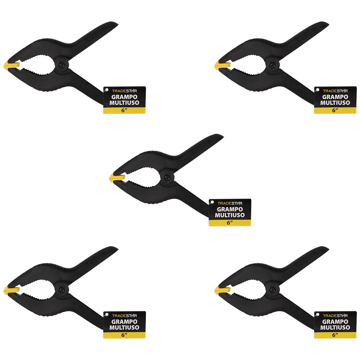 Kit com 5 grampos multiuso 6 polegadas 150mm Tradestar para marcenaria, nylon reforçado com mola de alta pressão, fixação forte e segura para colagem, montagem e ajustes em projetos de grande porte.