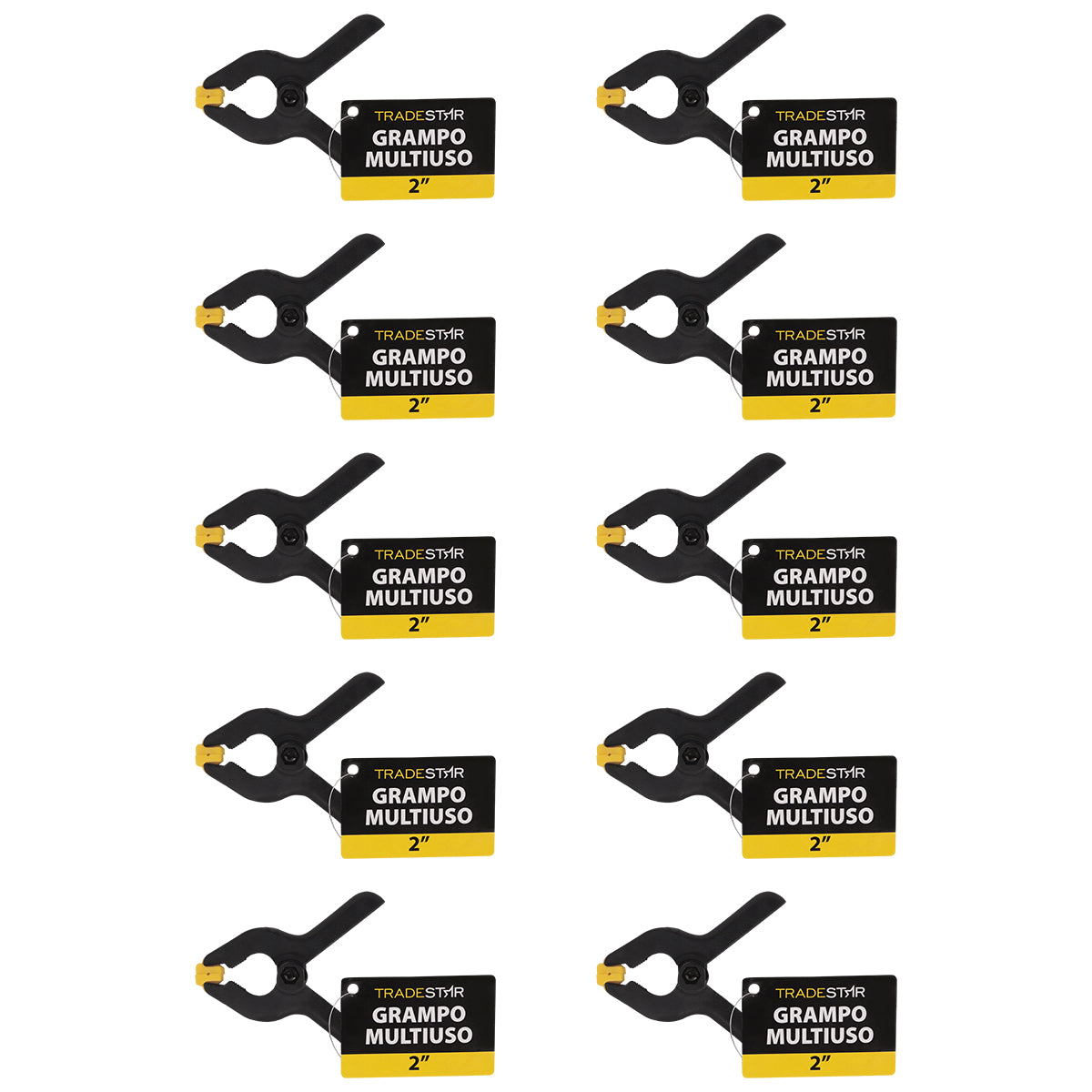 Kit com 10 grampos multiuso 2 polegadas 50mm reforçados Tradestar para marceneiro, fixação de madeira e outros materiais. Grampos de nylon com mola de alta pressão, ideais para colagem e montagem. Ferramenta versátil para obras e reformas.