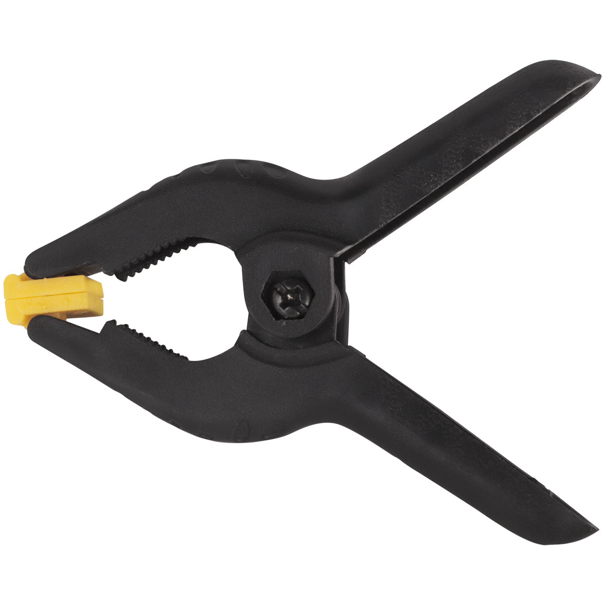 Kit com 10 grampos multiuso 3 polegadas (75mm) de nylon reforçado para marceneiro, com mola de alta pressão, ideal para fixação em trabalhos de marcenaria e carpintaria. Grampo de pressão preto com detalhes em amarelo.