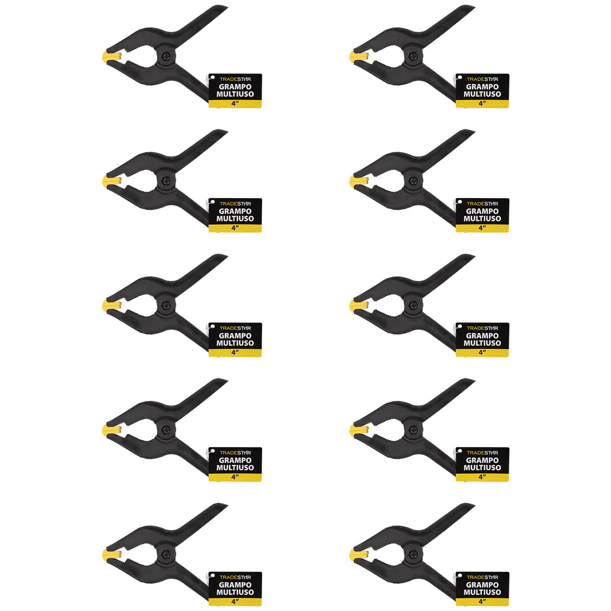 Kit com 10 grampos multiuso 4 polegadas 100mm reforçados para marceneiro, fixação e colagem. Grampos de nylon preto com mola de alta pressão, ideais para trabalhos em madeira e construção.