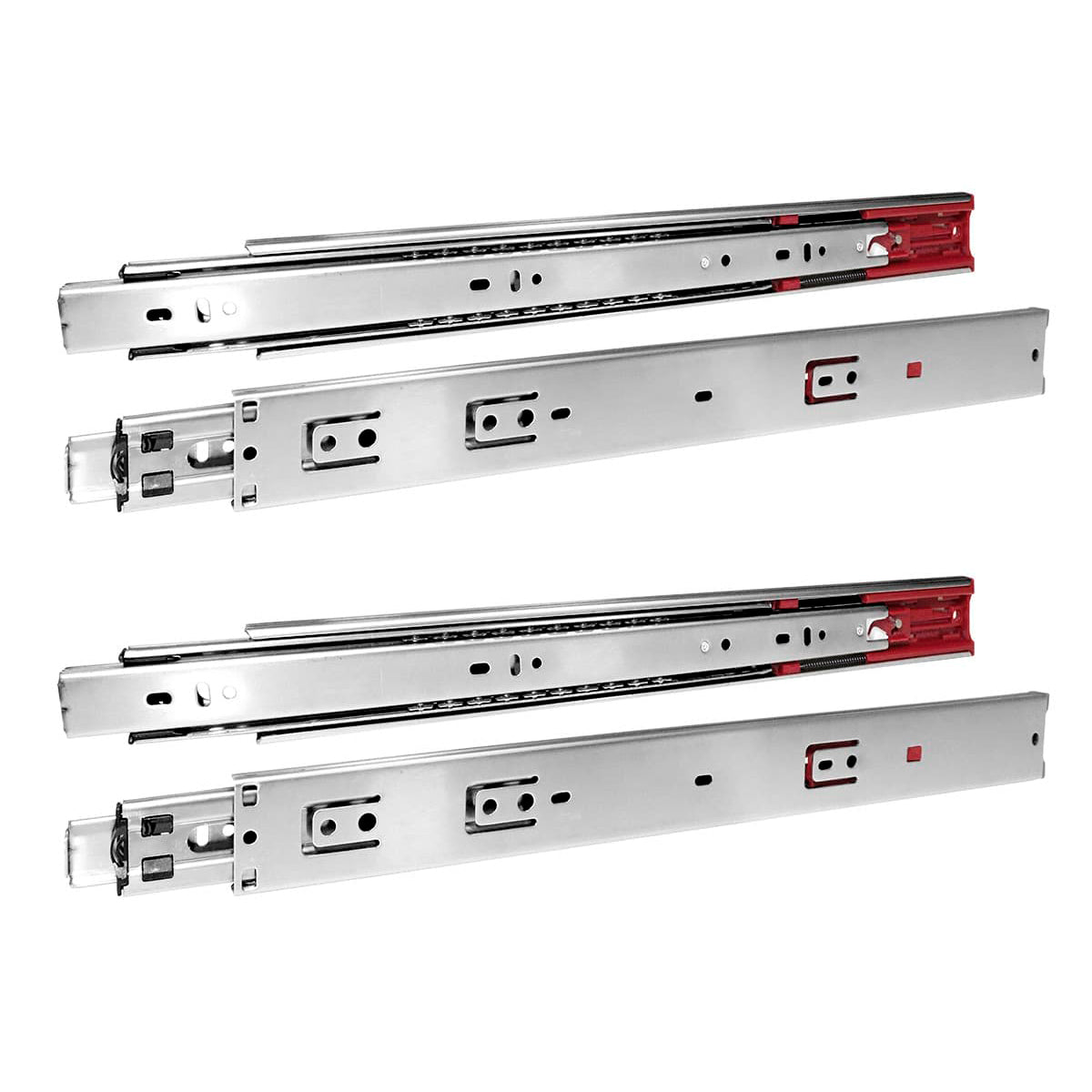 Kit com 2 pares de corrediças telescópicas soft close de 40cm com amortecedor, em aço zincado, ideal para gavetas com fechamento suave e silencioso. Capacidade de carga de 25kg.