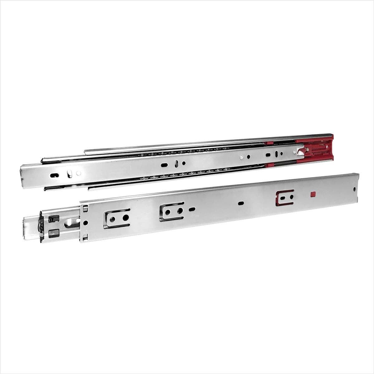 Kit com 2 pares de corrediças telescópicas soft close de 40cm com amortecedor, em aço zincado, ideal para gavetas com fechamento suave e silencioso. Suporta até 25kg.
