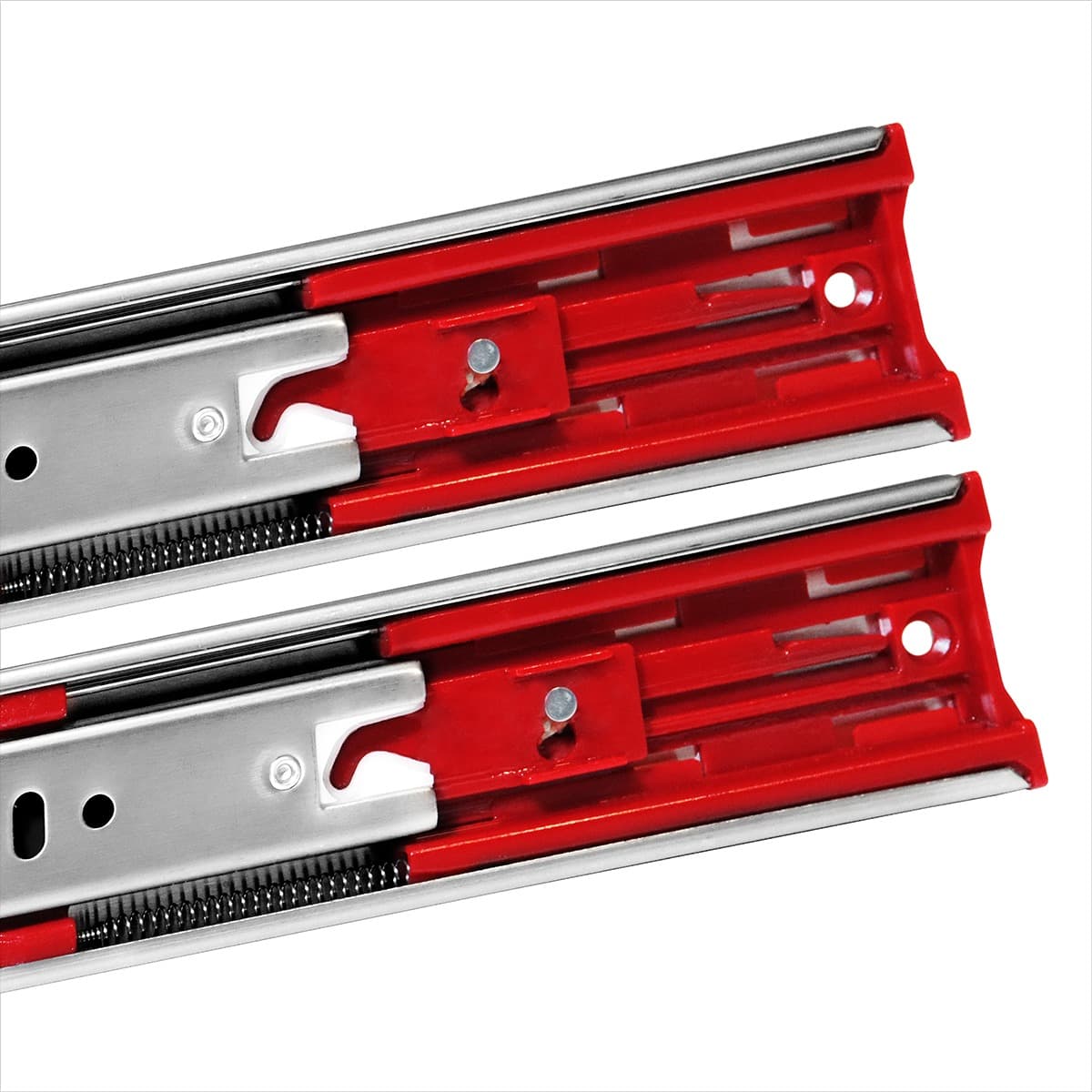 Kit com 2 pares de corrediças telescópicas soft close de 40cm com amortecedor, ideal para gavetas. Fabricadas em aço zincado, oferecem fechamento suave e silencioso, suportando até 25kg. Detalhe em vermelho.
