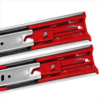 Kit com 2 pares de corrediças telescópicas soft close de 40cm com amortecedor, ideal para gavetas. Fabricadas em aço zincado, oferecem fechamento suave e silencioso, suportando até 25kg. Detalhe em vermelho.