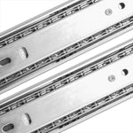 Kit com 2 pares de corrediças telescópicas soft close de 40cm com amortecedor, em aço zincado, ideal para gavetas com fechamento suave e silencioso. Detalhe do mecanismo interno e trilhos.