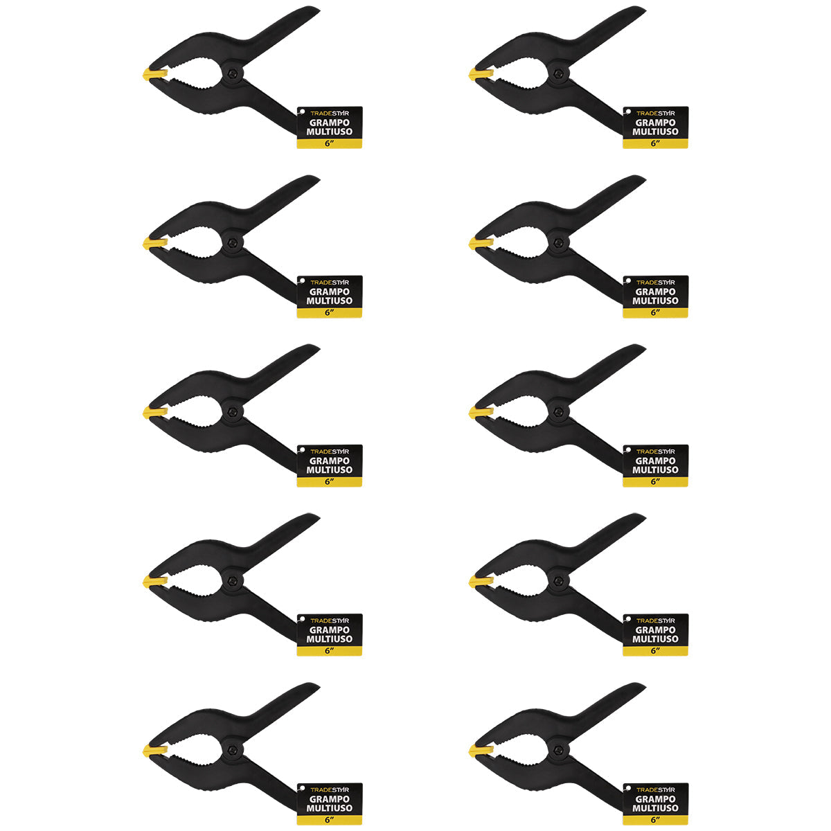 Kit com 10 grampos multiuso 6 polegadas (150mm) reforçados para marceneiro, feitos de nylon resistente, ideais para fixação em colagem, montagem e pintura. Grampos Tradestar com mola de alta pressão para fixação segura.