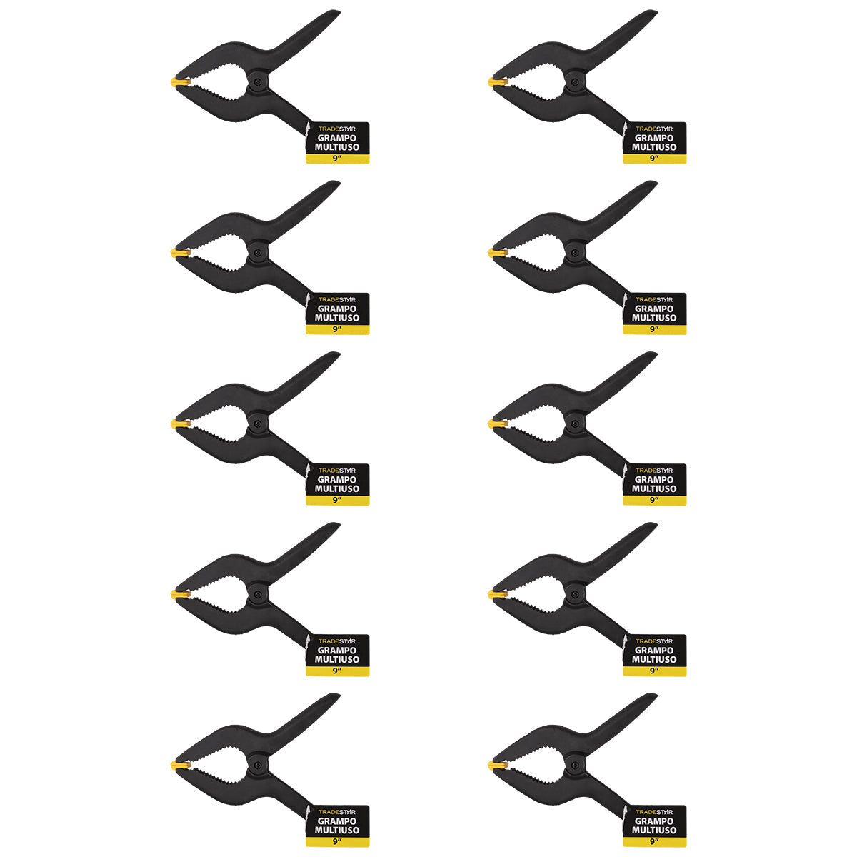 Kit com 10 grampos multiuso 9 polegadas 228mm reforçados para marceneiro, fixação e colagem. Grampos de nylon com mola de alta pressão, ideais para trabalhos de marcenaria e carpintaria. Produto original, novo e com garantia.