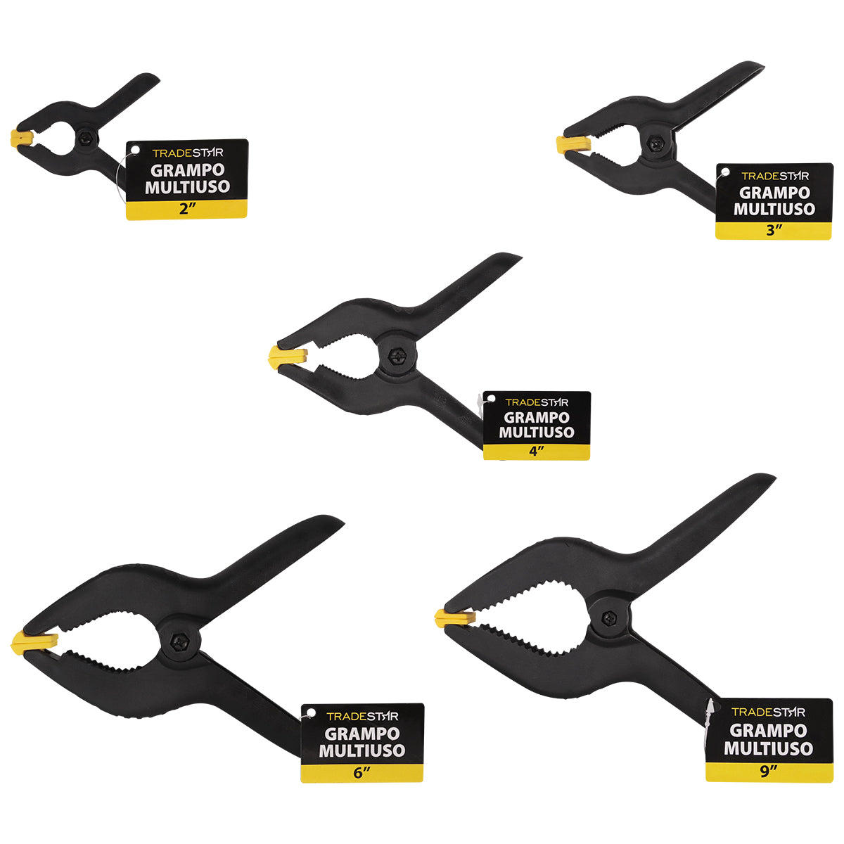 Kit com 5 grampos multiuso para marcenaria, tamanhos 2, 3, 4, 6 e 9 polegadas. Grampos de nylon reforçado, ideais para fixação e colagem em projetos de marcenaria e carpintaria. Inclui grampos de alta pressão para garantir fixação segura.