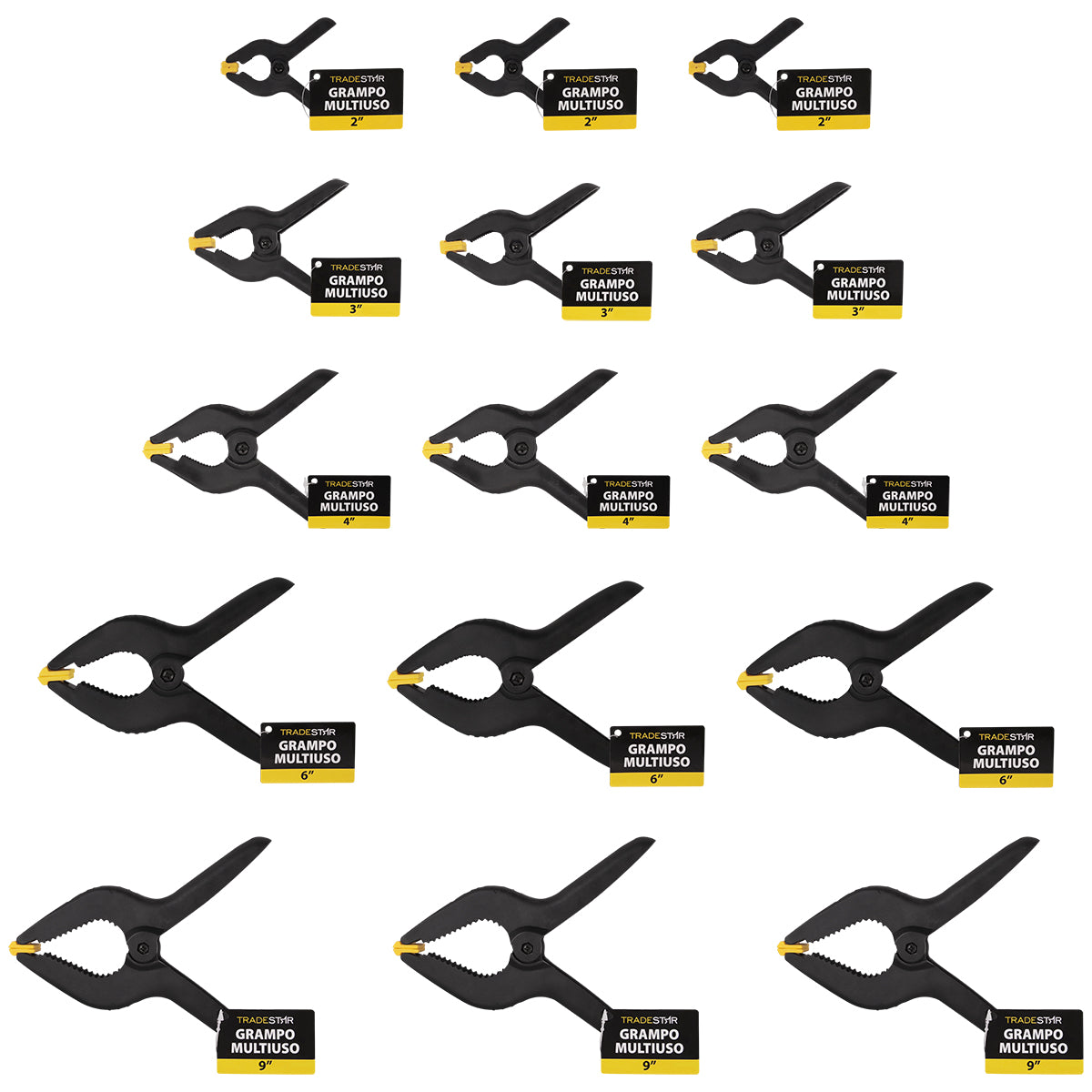 Kit com 15 grampos multiuso para marcenaria, incluindo tamanhos de 2, 3, 4, 6 e 9 polegadas. Grampos de nylon reforçado com mola de alta pressão, ideais para fixação em colagem, montagem e pintura. Ferramenta essencial para marceneiros e carpinteiros.