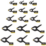Kit com 15 grampos multiuso para marcenaria, incluindo tamanhos de 2, 3, 4, 6 e 9 polegadas. Grampos de nylon reforçado com mola de alta pressão, ideais para fixação em colagem, montagem e pintura. Ferramenta essencial para marceneiros e carpinteiros.