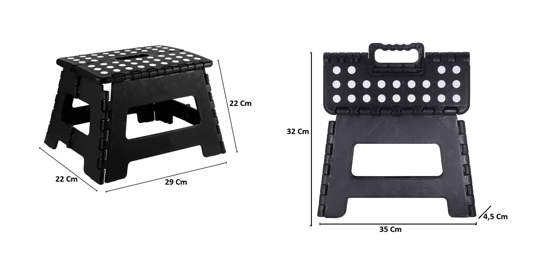 Kit com 2 banqueta plástica preta dobrável multiuso, ideal para uso doméstico, camping e atividades ao ar livre. Banquinho portátil com alça, resistente e fácil de transportar e armazenar. Dimensões: 22x29x22cm (fechada) e 35x32x4,5cm (aberta).