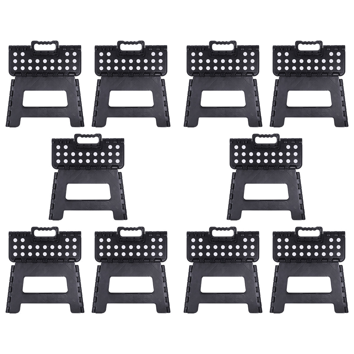 Kit com 10 banquetas plásticas dobráveis pretas multiuso Tradestar. Banquinhos portáteis ideais para uso doméstico, camping e atividades ao ar livre. Feitos de plástico resistente, com alça para transporte e design compacto.