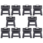 Kit com 10 banquetas plásticas dobráveis pretas multiuso Tradestar. Banquinhos portáteis ideais para uso doméstico, camping e atividades ao ar livre. Feitos de plástico resistente, com alça para transporte e design compacto.