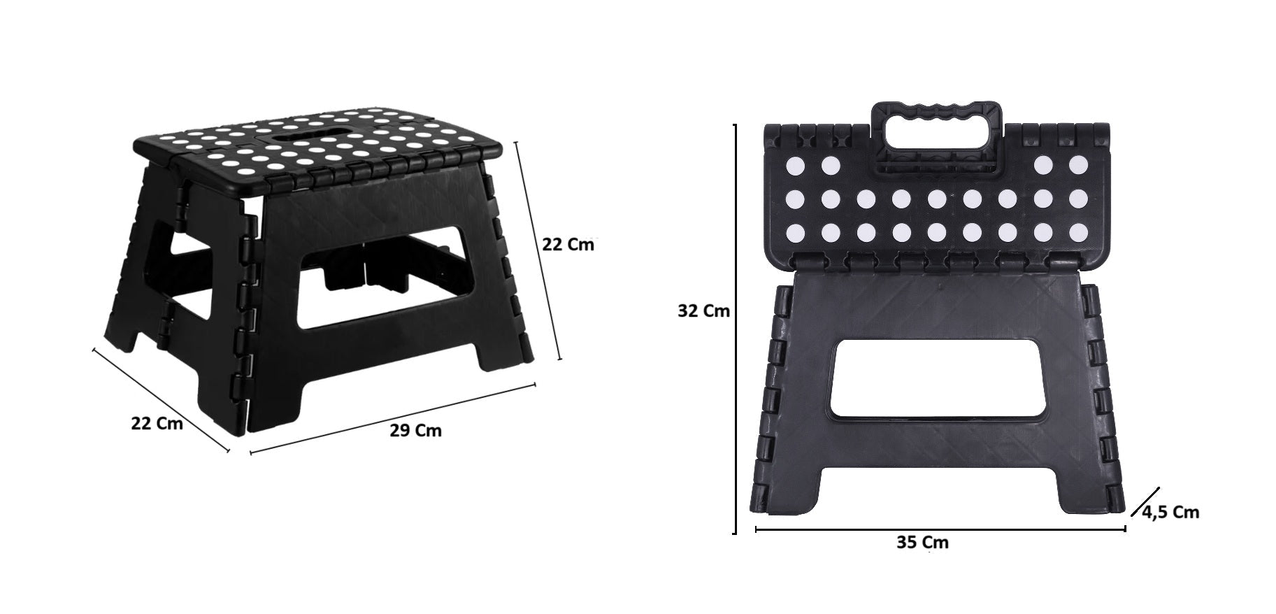 Kit com 10 banqueta plástica dobrável preta multiuso Tradestar, ideal para uso doméstico, camping e atividades ao ar livre. Banquinho portátil, resistente e fácil de transportar. Dimensões aberta: 35x32x4,5cm, dobrada: 29x22x22cm. Perfeito para eventos e uso diário.