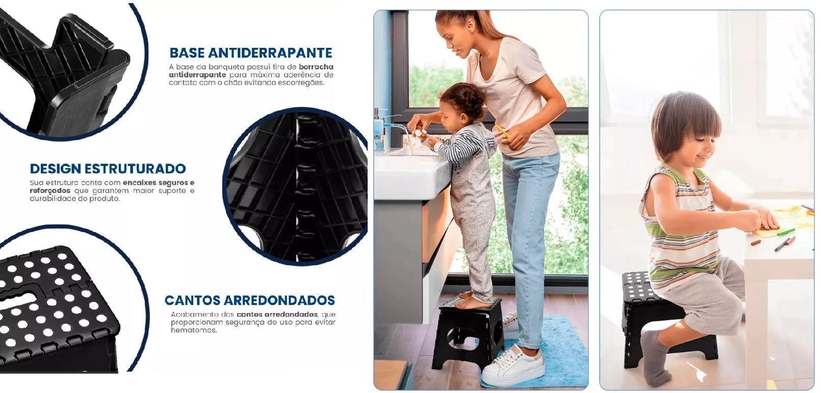 Kit com 10 banquetas plásticas dobráveis pretas multiuso, ideais para uso doméstico, camping e atividades ao ar livre. Design estruturado, base antiderrapante e cantos arredondados para segurança. Mostrando crianças usando a banqueta em diferentes situações.