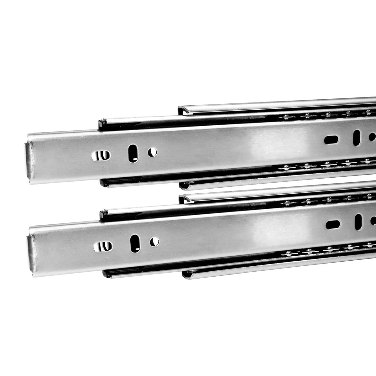 Kit com 2 pares de corrediças telescópicas soft close de 50cm com amortecedor, em aço zincado, ideal para gavetas, proporcionando fechamento suave e silencioso.