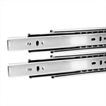 Kit 2 Pares Corrediça Telescópica Inox 304 com Amortecedor 40cm - Detalhe das corrediças em aço inoxidável, mostrando o trilho e o mecanismo de amortecimento para gavetas com fechamento suave. Ideal para móveis e projetos de marcenaria.