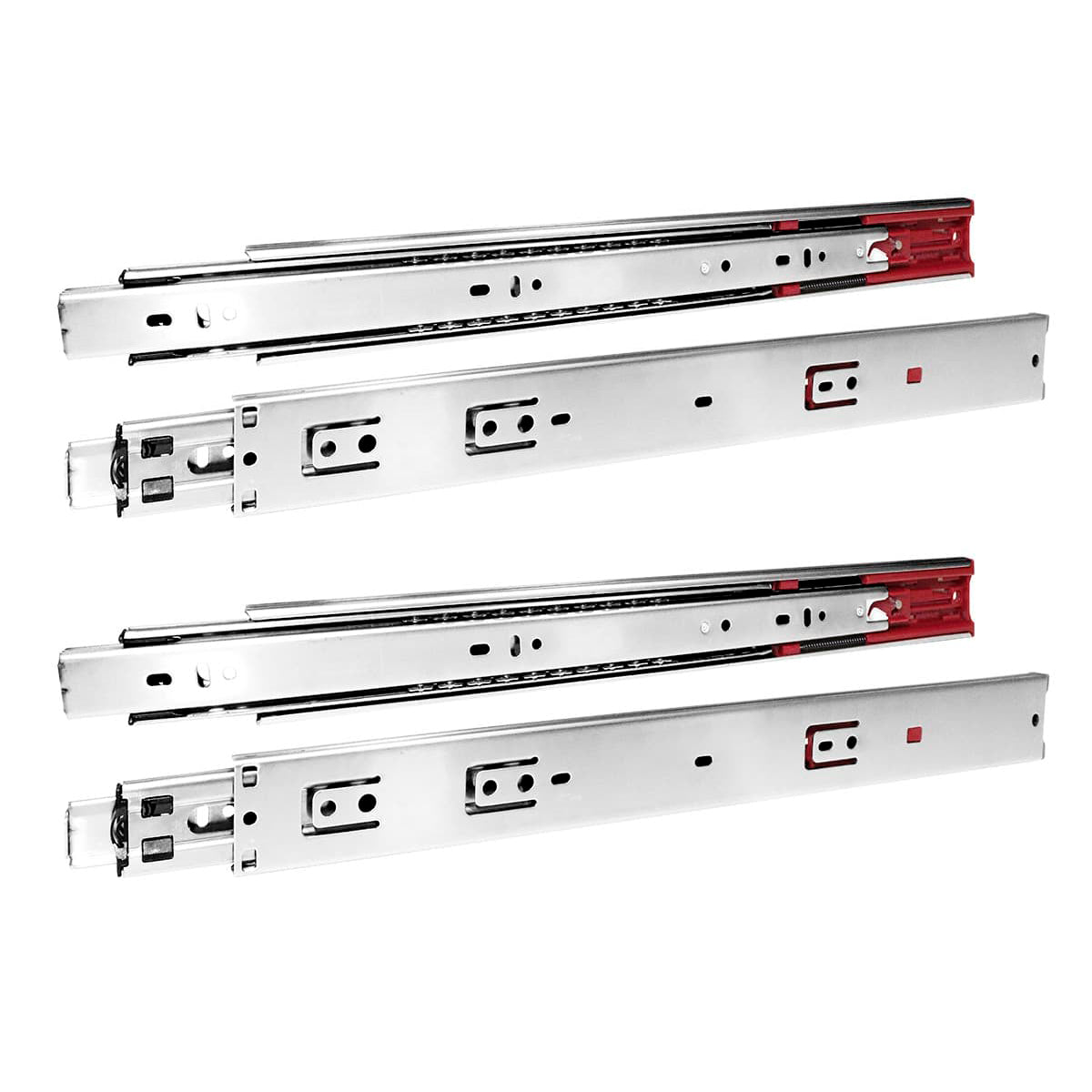 Kit 2 Pares Corrediça Telescópica Inox 304 com Amortecedor 45cm - Corrediças de gaveta em aço inoxidável, com sistema de amortecimento para fechamento suave e silencioso. Ideal para móveis e gavetas que necessitam de alta durabilidade e resistência, suportando até 25kg.