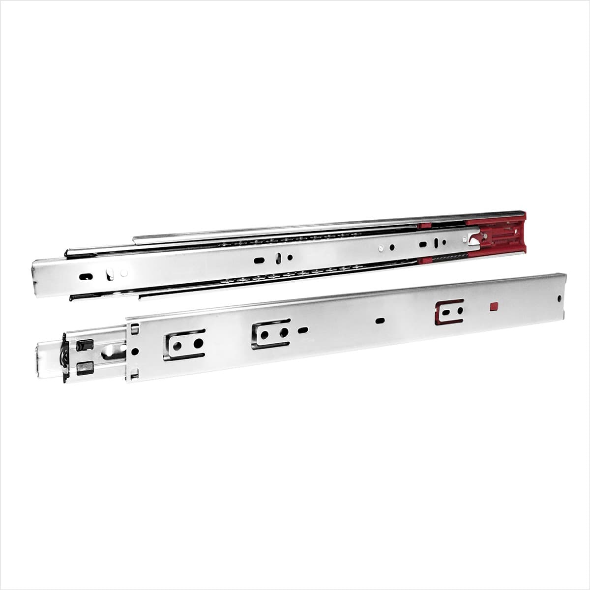 Kit 2 pares de corrediças telescópicas em aço inox 304 com amortecedor de 45cm, ideal para gavetas com fechamento suave e silencioso. Suporta até 25kg de carga.