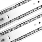 Kit 2 Pares Corrediça Telescópica Inox 304 com Amortecedor 45cm - Detalhe das corrediças em aço inoxidável, mostrando o trilho telescópico e o mecanismo de amortecimento para gavetas. Ideal para móveis com fechamento suave e silencioso.