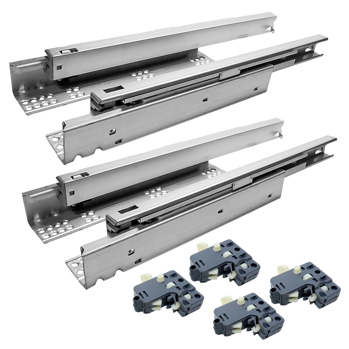 Kit com 2 pares de corrediças ocultas invisíveis com amortecedor de 35 cm e capacidade para 35kg por par, ideal para móveis planejados. Corrediças telescópicas de aço galvanizado, com sincronização total e clip para instalação fácil e deslizamento suave.
