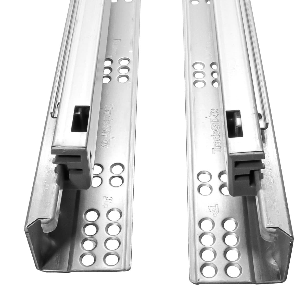 Kit com 2 pares de corrediças ocultas invisíveis com amortecedor de 35cm e capacidade para 35kg. Corrediças telescópicas de aço galvanizado para móveis, com sincronização e clip para instalação fácil e deslizamento suave.