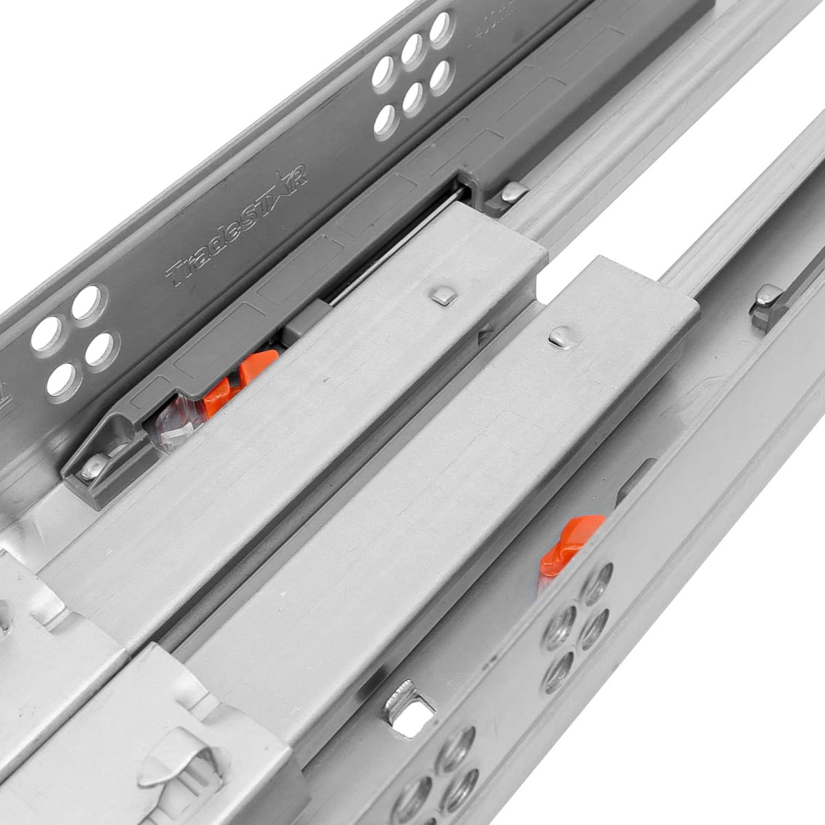 Kit com 2 pares de corrediças ocultas invisíveis com amortecedor de 35 cm e capacidade para 35kg por par, ideal para móveis planejados. Corrediças telescópicas de aço galvanizado, com sistema de sincronização e clip para instalação fácil e funcionamento suave. Detalhe da corrediça com amortecedor em destaque.
