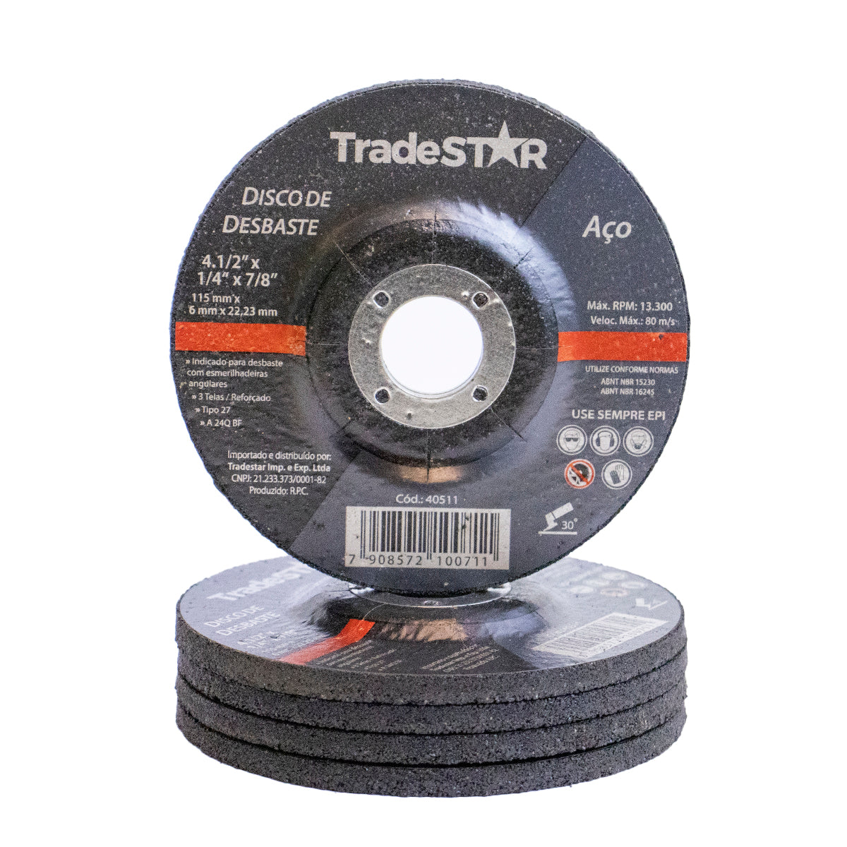 Disco de Desbaste Metal 4.1/2 Pol Kit 5 Peças 115 mm x 6 mm TradeSTAR para esmerilhadeira angular, ideal para desbaste em aço e outros metais. Kit com 5 discos, produto novo e original.