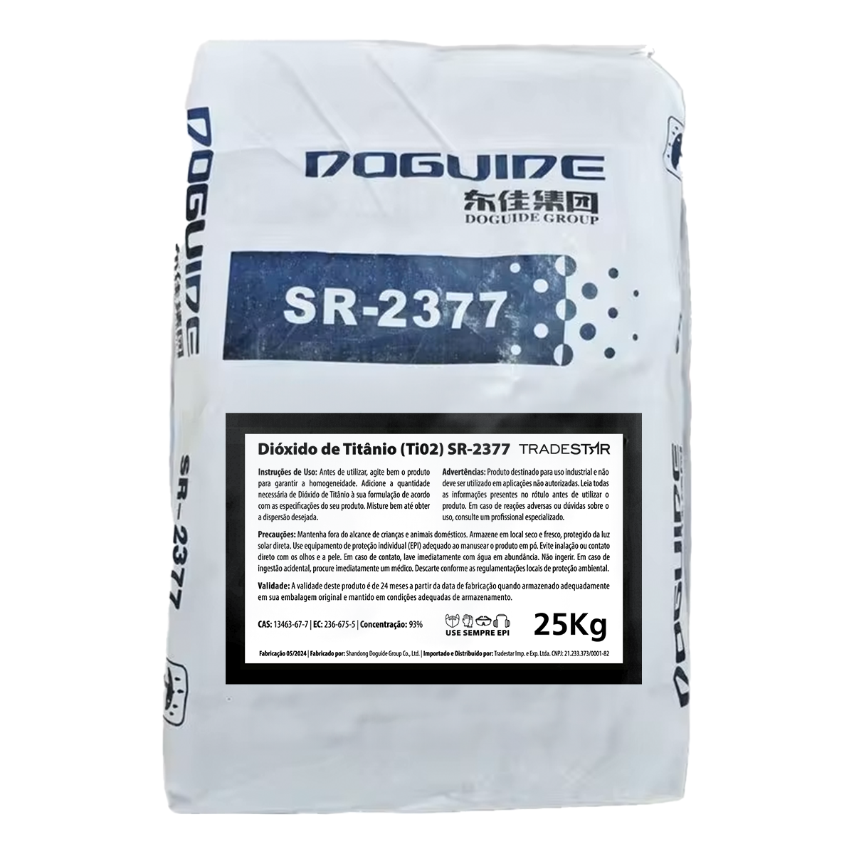 Dióxido de Titânio SR-2377 Pigmento Branco 25Kg Rutilo da Doguide. Pó fino e branco de alta pureza, ideal para uso industrial em tintas, cosméticos, plásticos e outros materiais. Oferece opacidade, brilho e proteção UV. Produto com certificado de análise do fabricante. Embalagem de 25Kg. Fabricado em 05/2024. Importado e distribuído por Tradestar.